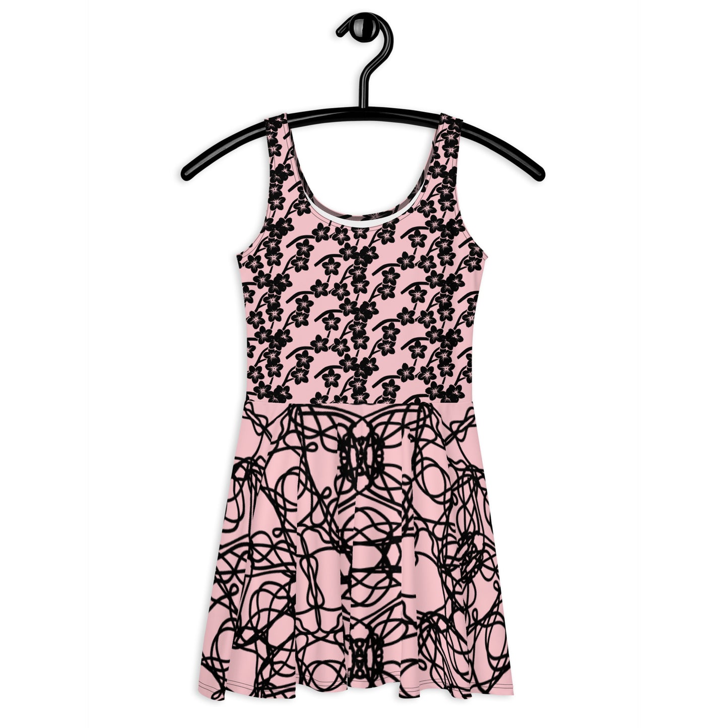 Fit Flare Skater Dress In Pink Black Geometric Design